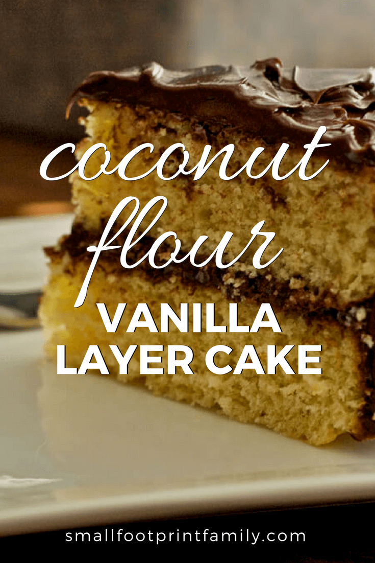 This vanilla layer cake and its frosting are grain-free, nut-free, dairy-free, Paleo diet-friendly, and—believe it or not—oh, so delicious! Click to get the recipe!#paleo #paleodiet #glutenfree #dairyfree #vegetarian #coconut #recipe #grainfree #realfood #dessert #birthday