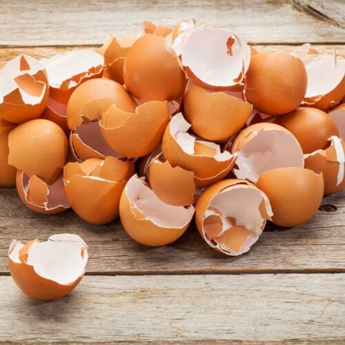 pile of brown eggshells on a wooden table