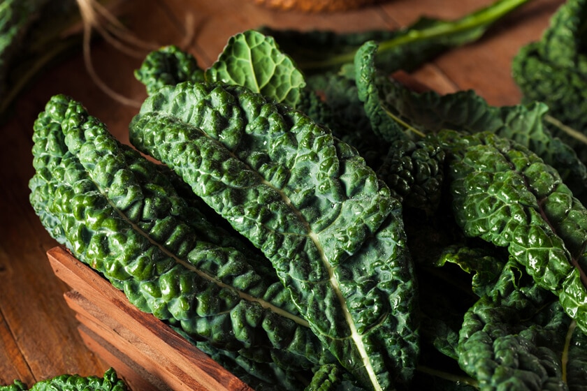 lacinato dinosaur kale leaves on a cutting board