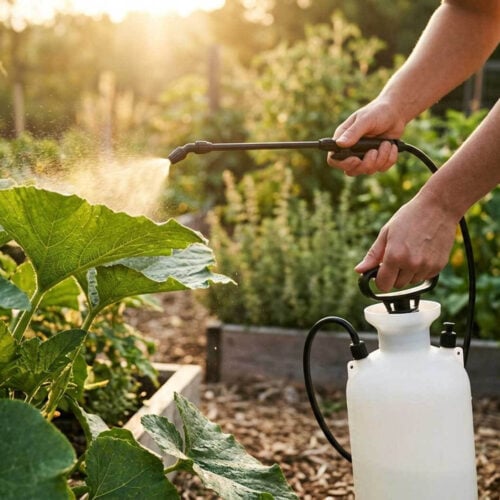 woman's arms spraying squash leaves with a one-gallon pump sprayer