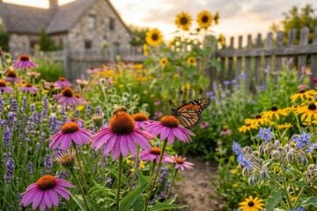 a garden full of coneflowers, asters and sunflowers, butterflies and bees