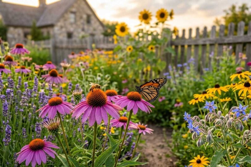 a garden full of coneflowers, asters and sunflowers, butterflies and bees