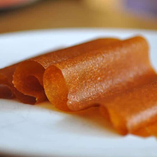 apricot fruit leather on a white plate