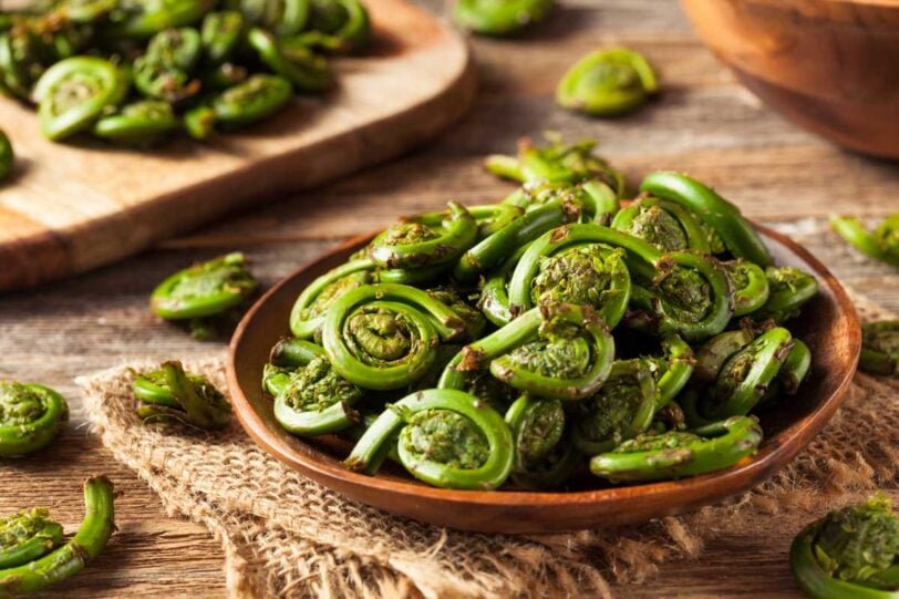 fern fiddleheads in a wooden bowl on a table