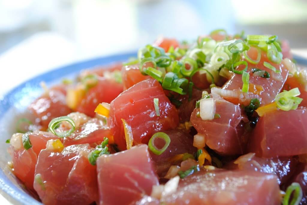 ahi poke recipe in a blue bowl