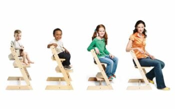 tripptrapp 4 Tripp Trapp chairs with baby, kid, teen and adult sitting on them