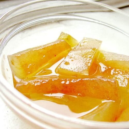 watermelon rind pickles in a glass bowl